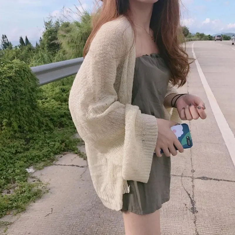 Crop Cardigan Vintage - เสื้อคลุมคาร์ดิแกนไหมพรมบางเบาสำหรับผู้หญิง สไตล์วินเทจ แขนยาว เปิดด้านหน้า ใส่คลุมได้หลากหลาย ทรงหลวม