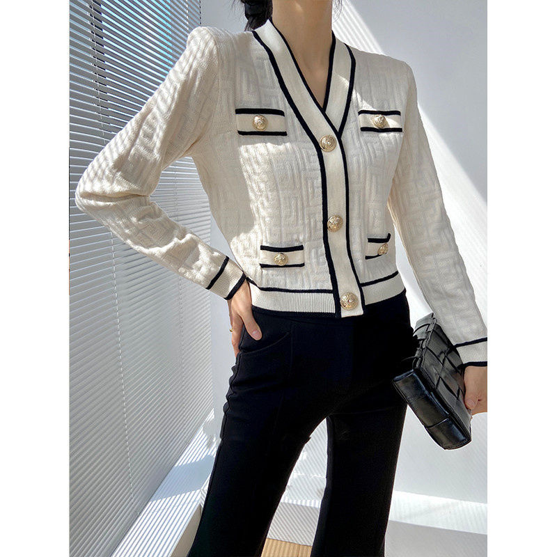 Crop Cardigan Vintage - ฤดูใบไม้ผลิฤดูใบไม้ร่วงใหม่ V คอยาวแขนยาวแฟชั่นเสื้อกันหนาวผู้หญิง High Street Casual