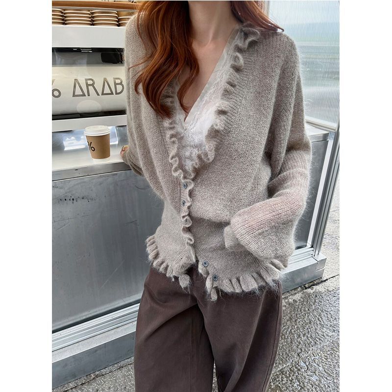 Crop Cardigan Vintage - เสื้อคาร์ดิแกนแขนยาวสไตล์เกาหลี คอวี แต่งระบายหวานๆ สำหรับผู้หญิง ฤดูใบไม้ผลิ 2026