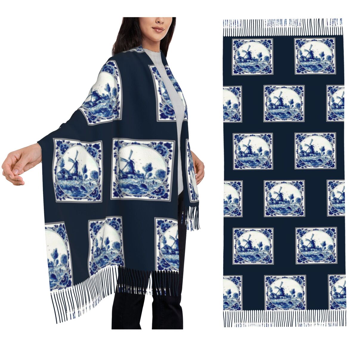 Vintage Fashion Shop - ผ้าพันคอพิมพ์ลายกังหันลมและสะพานสไตล์วินเทจ DUTCH BLUE DELFT พร้อมพู่ห้อย ผ้าคลุมไหล่สำหรับผู้หญิง