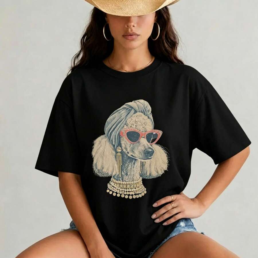Vintage Fashion Illustrations - เสื้อยืดคอกลมแขนสั้นลายกราฟิกแบบยูนิเซ็กส์, แฟชั่นมาใหม่, ลายพิมพ์ภาพวาดสุนัขพุดเดิลสไตล์วินเทจ, เนื้อผ้านุ่ม ทรงหลวม, เหมาะสำหรับสตรีทแวร์และชุดลำลองทุกฤดูกาล