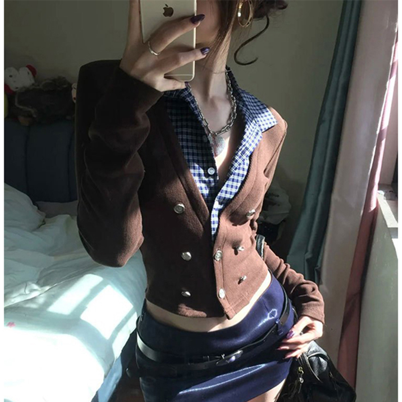 Crop Cardigan Vintage - เสื้อคาร์ดิแกนไหมพรมแบบครอป MEXZT Y2K ลายสก็อตสำหรับผู้หญิง เสื้อสเวตเตอร์ต่อผ้าสไตล์ฮาราจูกุ เสื้อถักไหมพรมวินเทจสำหรับฤดูหนาว