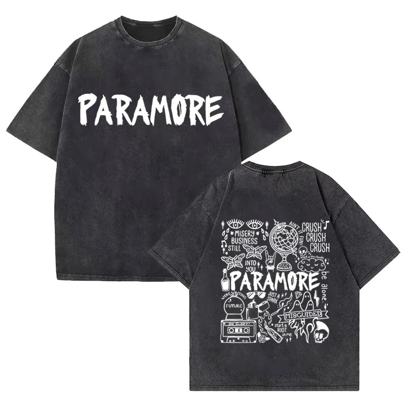 Vintage Fashion Posters For Sale - เสื้อยืดฮาราจูกุแฟชั่นโอเวอร์ไซส์ พิมพ์ลายโปสเตอร์วงดนตรีร็อค Paramore สไตล์วินเทจ ล้างสีแล้ว เสื้อยืดผ้าฝ้ายนุ่มใส่สบายสำหรับผู้ชายและผู้หญิง