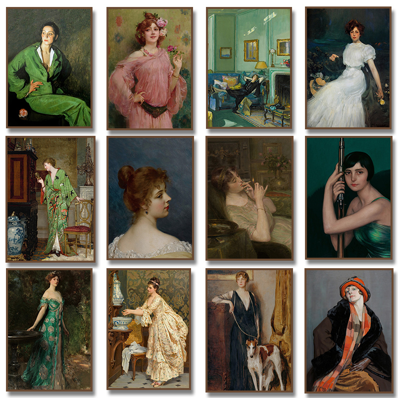 Vintage Fashion Illustrations - ภาพพิมพ์ผ้าใบสไตล์วินเทจ ภาพวาดผู้หญิงยุคเรอเนซองส์ กำลังสูบบุหรี่ งานศิลปะตกแต่งผนังห้องนั่งเล่น ของตกแต่งบ้าน