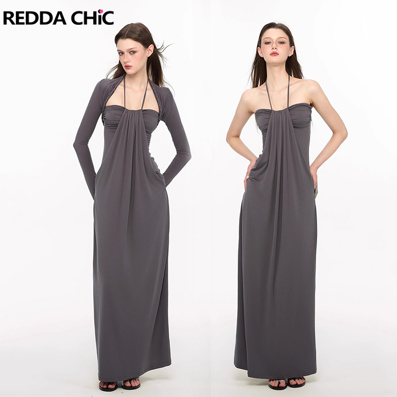 Crop Cardigan Vintage - ชุดเดรสยาวทรงครอปแบบถักเปียสุดหรู REDDACHiC พร้อมเสื้อคลุมคาร์ดิแกนผ้าโมดอลแบบลำลอง ชุดเดรสทรงคอร์เซ็ทผูกเชือกแบบผูกคอ สำหรับผู้หญิง สวมใส่ได้ทุกวัน