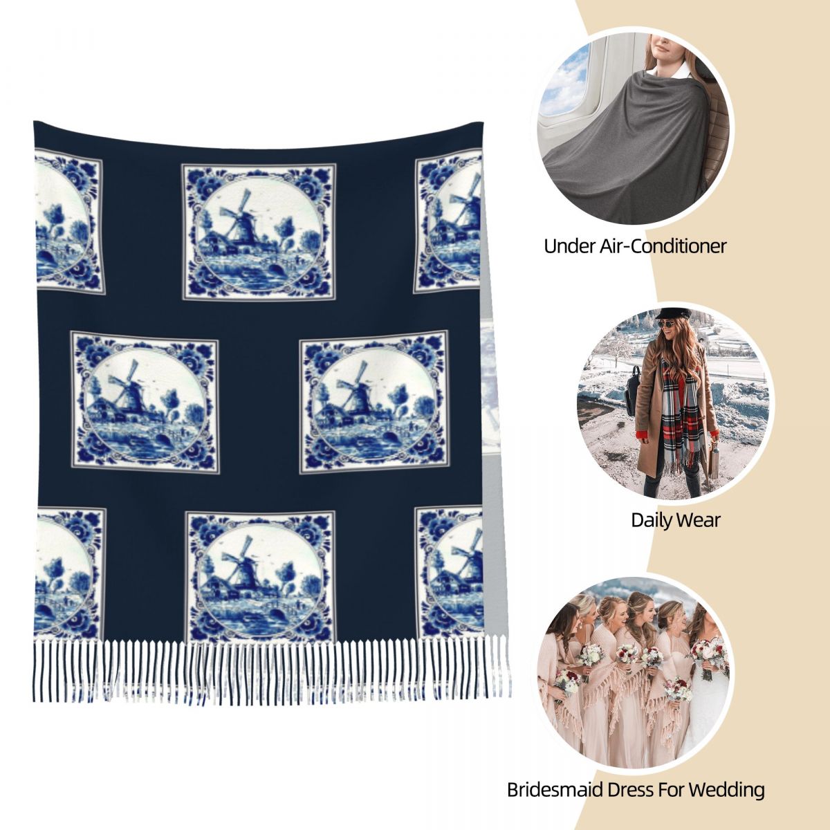 ผ้าพันคอพิมพ์ลายกังหันลมและสะพ - Vintage Fashion Shop บทวิจารณ์และราคา