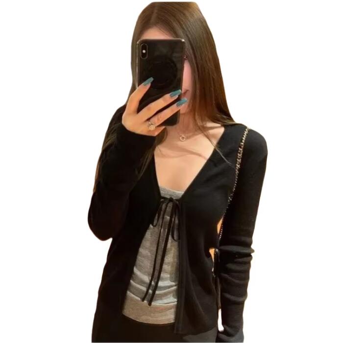 เสื้อคาร์ดิแกนถักแขนยาวบางสำหร - Crop Cardigan Vintage บทวิจารณ์และราคา