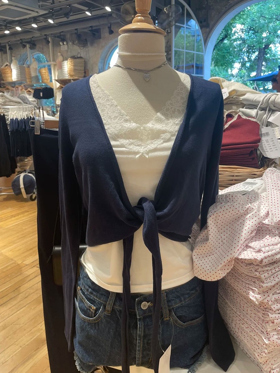 New Navy LACE-up ถักแขนยาวเสื้ - Crop Cardigan Vintage บทวิจารณ์และราคา